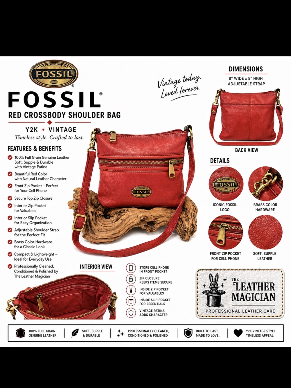 Fossil Red Leather Crossbody Bag Y2K Vintage Front Zip Brass Hardware